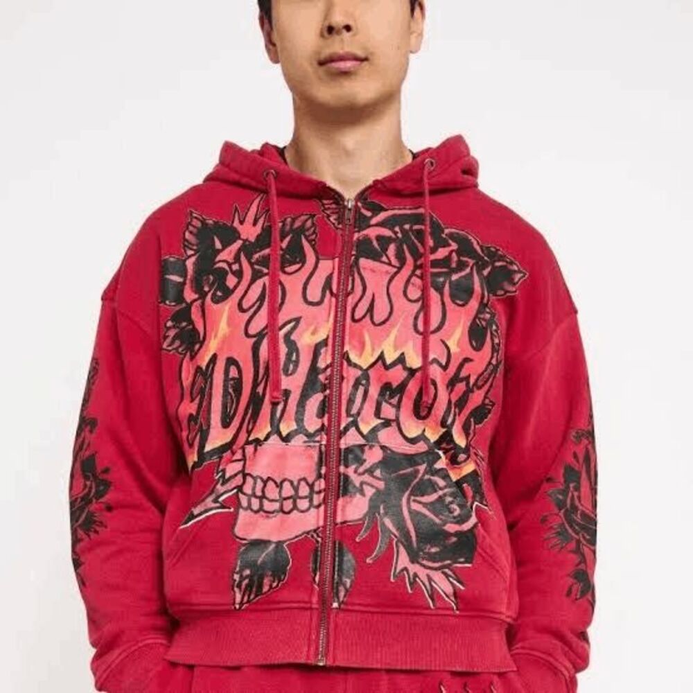 Ed Hardy Red Fleece Skull Flowers Boxy Full Zip Up Hoodie Men's Size Large